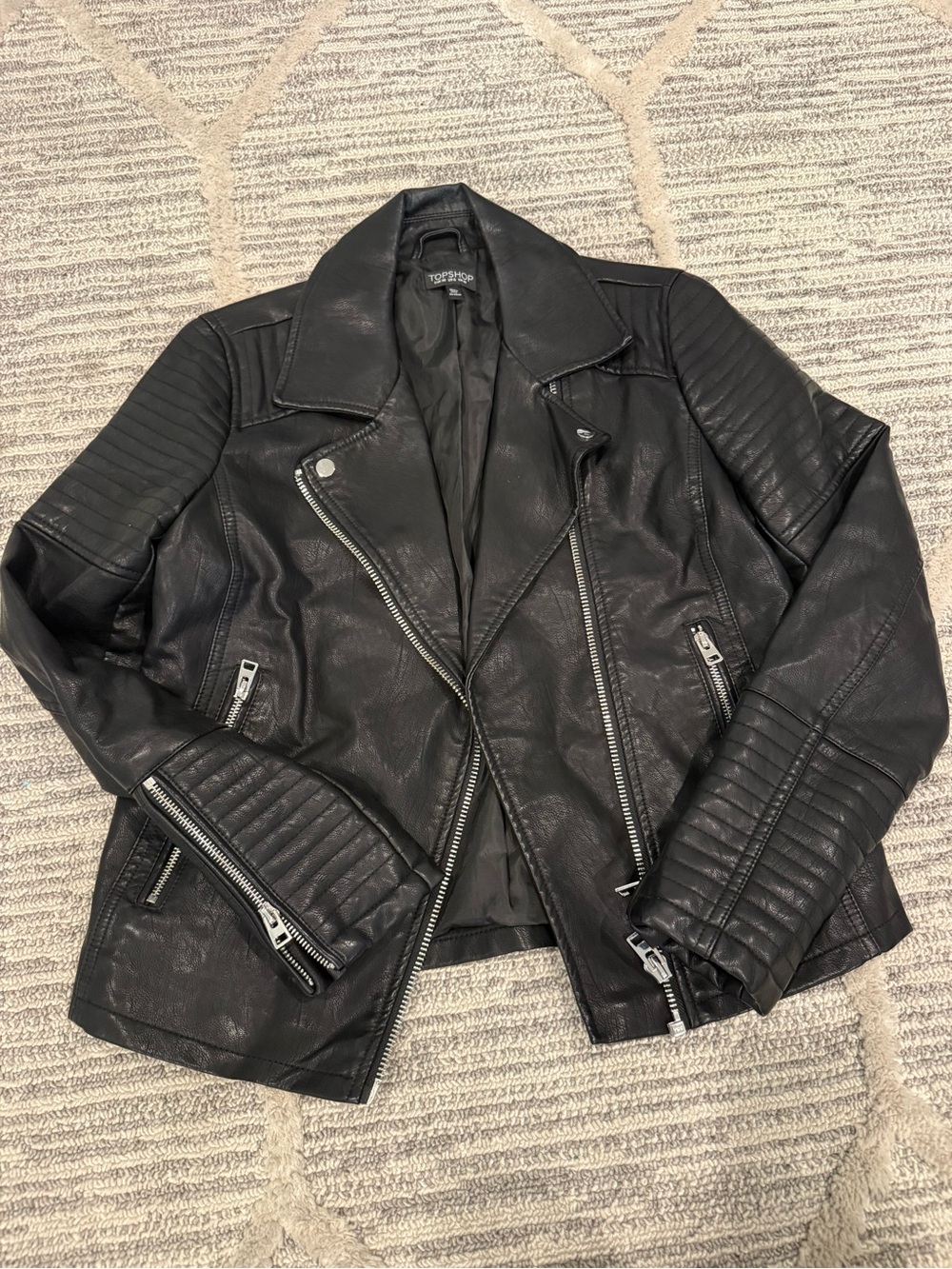 Topshop Black Quilted Faux Leather Moto Jacket - US Size 6